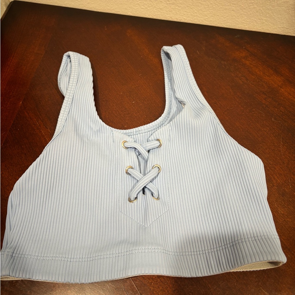 Year of Ours Sky Blue Ribbed Lace-Up Top